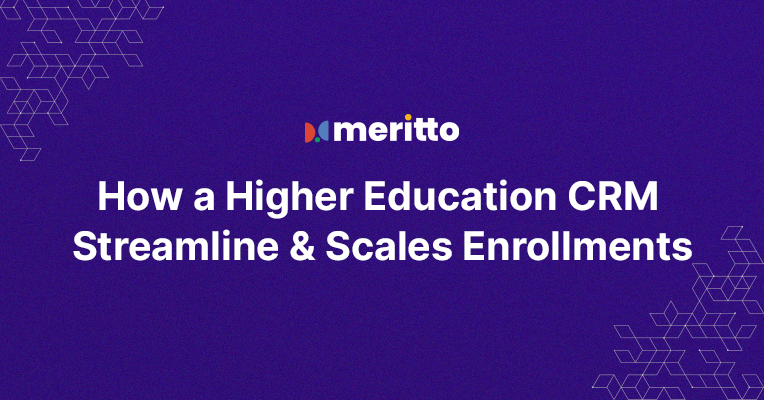 Illustration of Meritto’s Higher Education CRM dashboard showing lead nurturing workflows, automated email confirmations, and a unified communication system designed to streamline enrollment processes for colleges and universities.